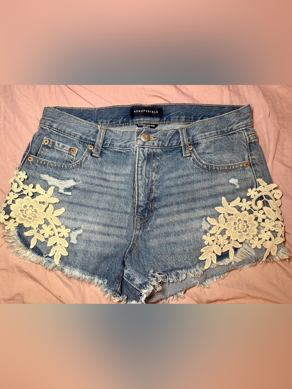 Aeropostale Light Blue Vintage High Rise Shorty Jeans with lace detail